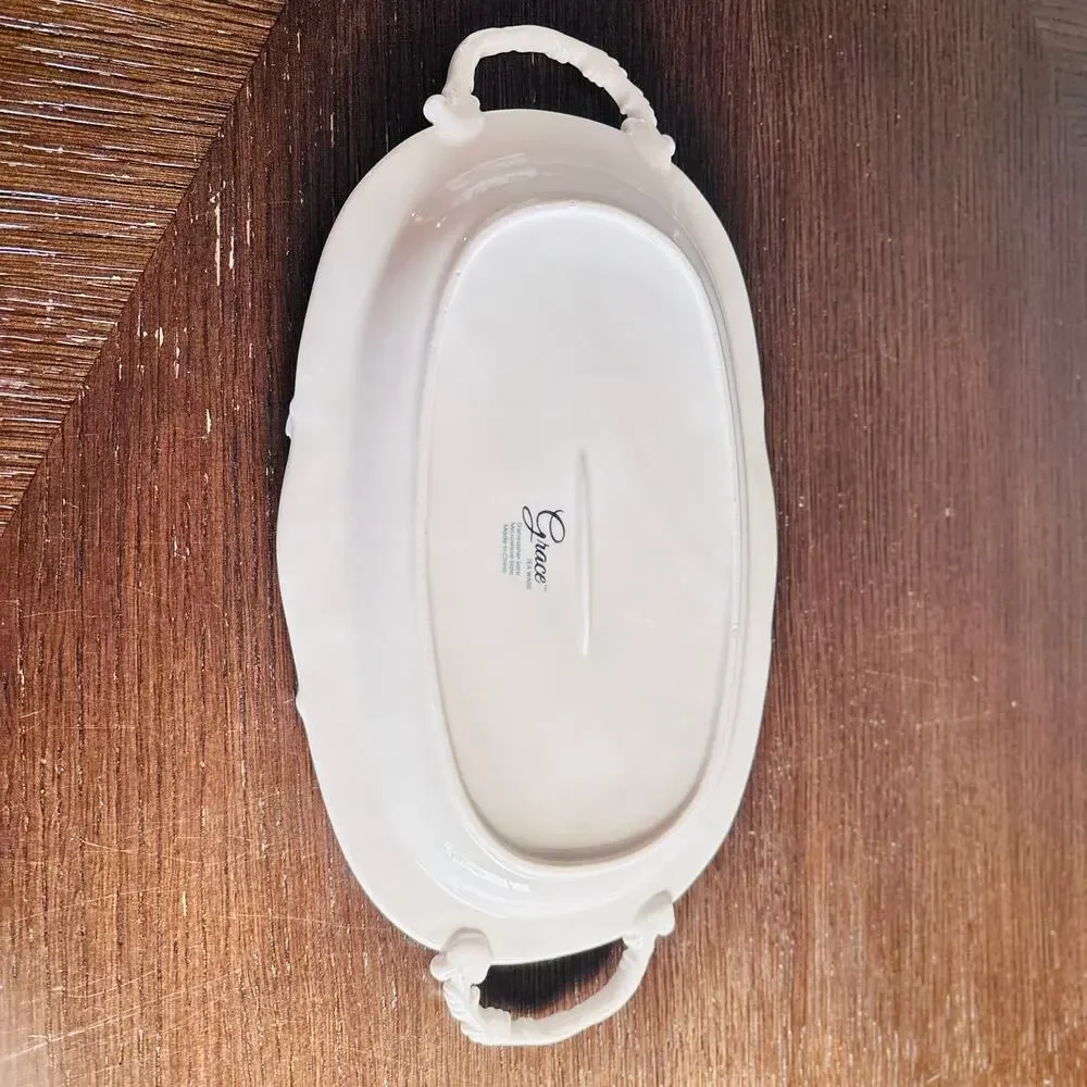 Grace Tea Ware White Porcelain Serving Tray Applied Roses Double Handle 12
